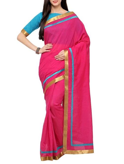 pink cotton bordered saree with blouse - 13455347 - Very Small Image - 1