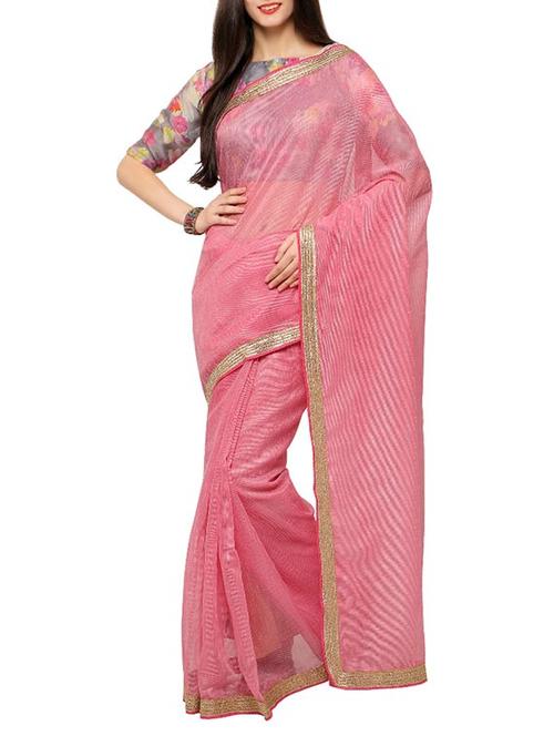 pink bordered net saree with blouse - 13455368 - Very Small Image - 1