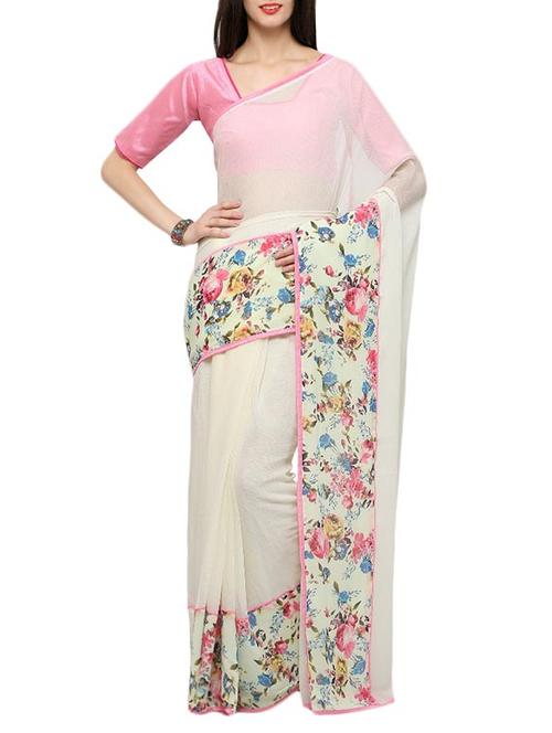 white chiffon bordered saree with blouse - 13455372 - Very Small Image - 1