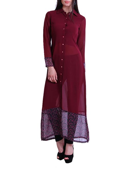maroon georgette printed long kurta - 13457790 - Very Small Image - 1