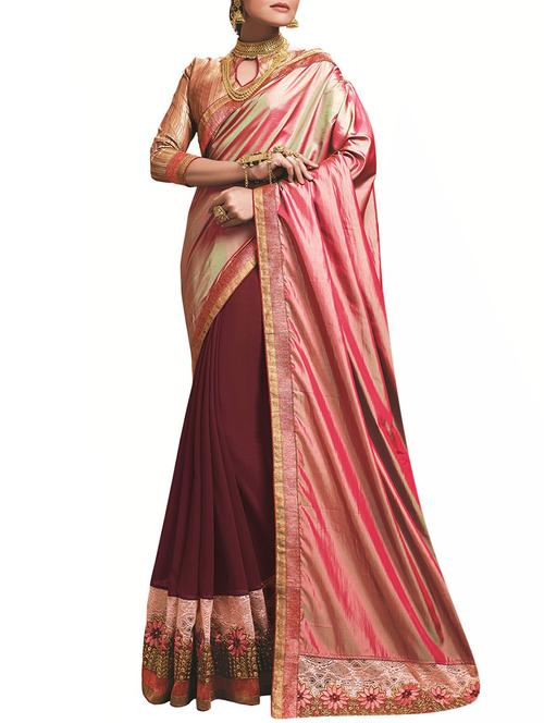 pink and maroon half and half saree with blouse - 13458722 - Very Small Image - 1