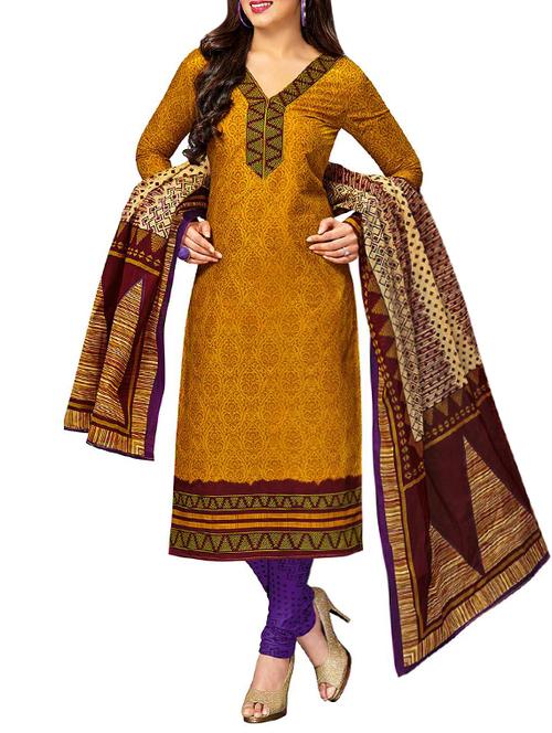 mustard cotton printed unstitched suit - 13460057 - Very Small Image - 1