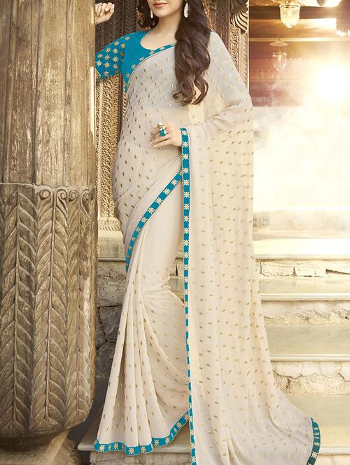 beige georgette embroidered saree with blouse - 13460490 - Very Small Image - 1