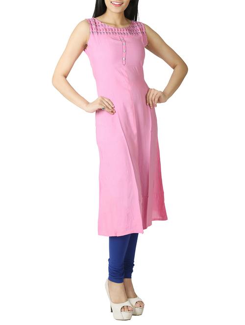 Pink rayon printed a-line kurta - 13463683 - Very Small Image - 1