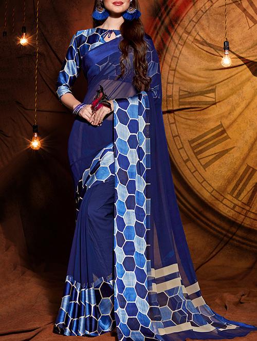 blue georgette printed saree with blouse - 13469695 - Very Small Image - 1