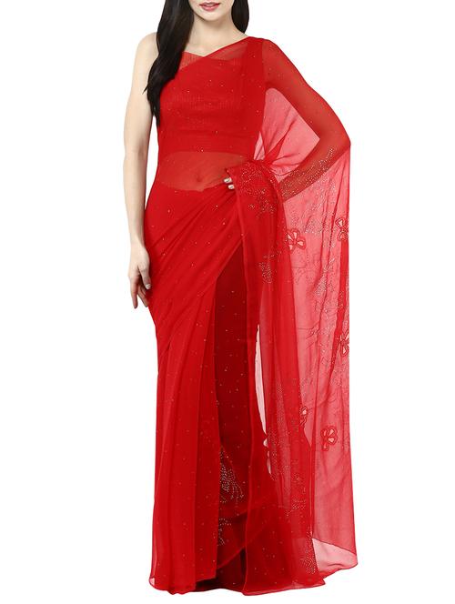 red chiffon embellished saree with blouse - 13479687 - Very Small Image - 1