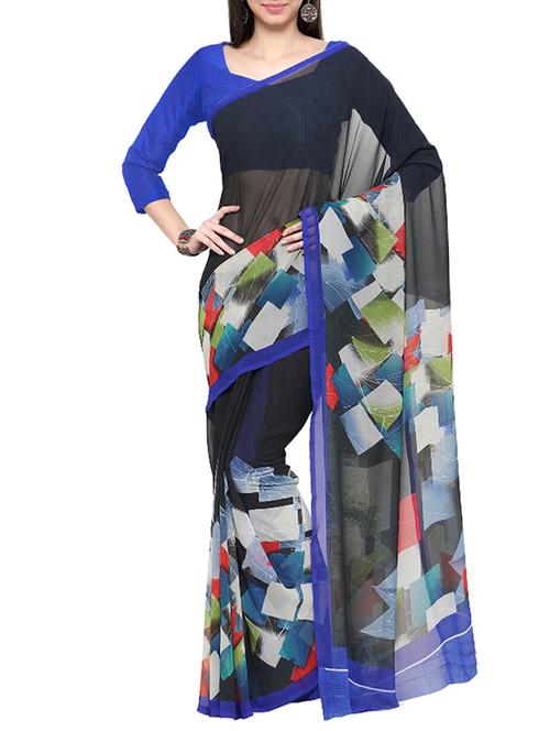 black georgette printed saree with blouse - 13501218 - Very Small Image - 1
