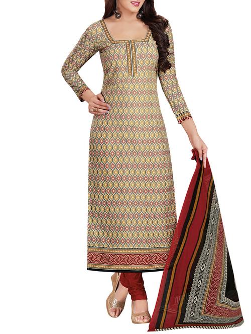 beige cotton printed churidaar suits dress material - 13502242 - Very Small Image - 1