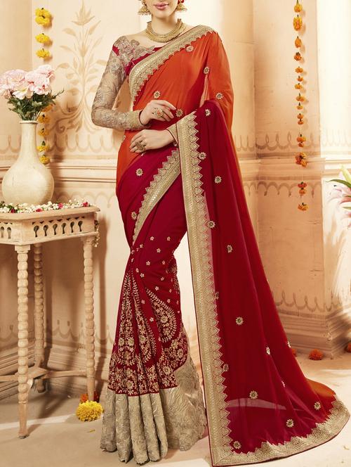 red faux georgette embroidered saree with blouse - 13554136 - Very Small Image - 1