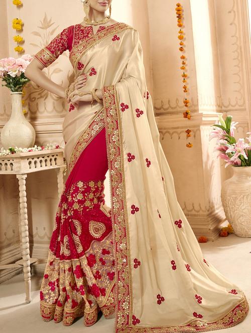 red & beige faux georgette half & half saree with blouse - 13554137 - Very Small Image - 1