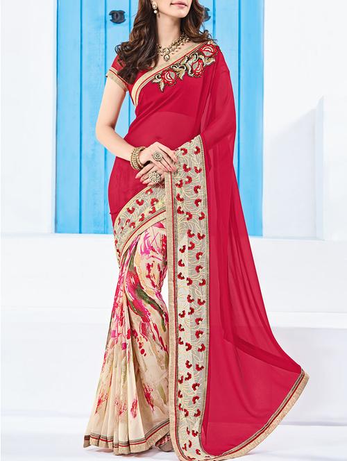 red embroidered  half and half saree with blouse - 13554952 - Very Small Image - 1