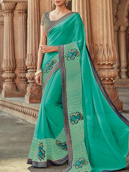 turquoise  embroidered saree with blouse - 13554963 - Very Small Image - 1