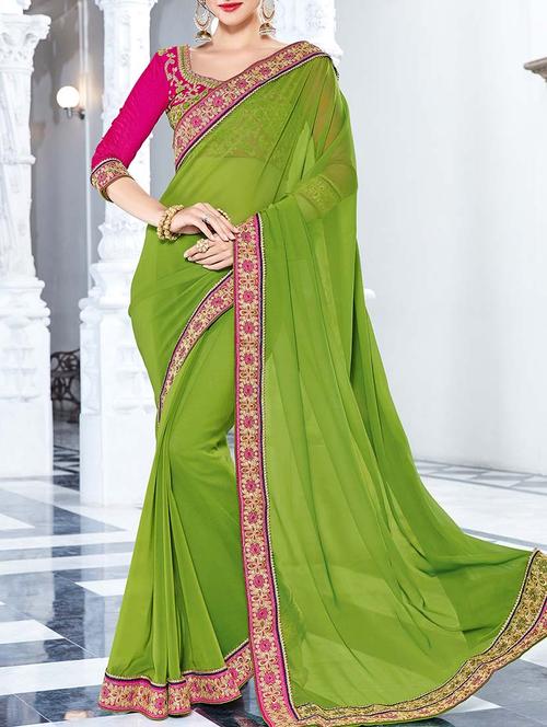 green georgette bordered saree with blouse - 13555065 - Very Small Image - 1
