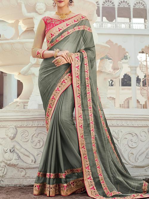 grey bordered saree with blouse - 13555124 - Very Small Image - 1