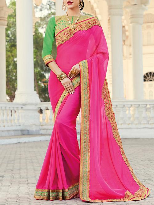 pink georgette bordered saree with blouse - 13555128 - Very Small Image - 1