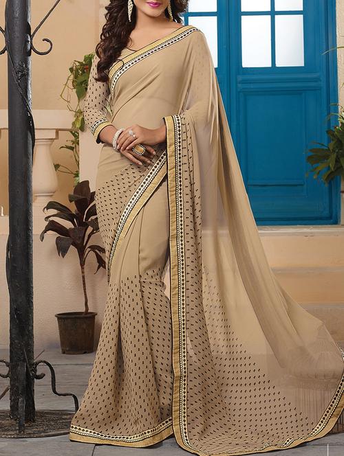 beige printed saree with blouse - 13555165 - Very Small Image - 1