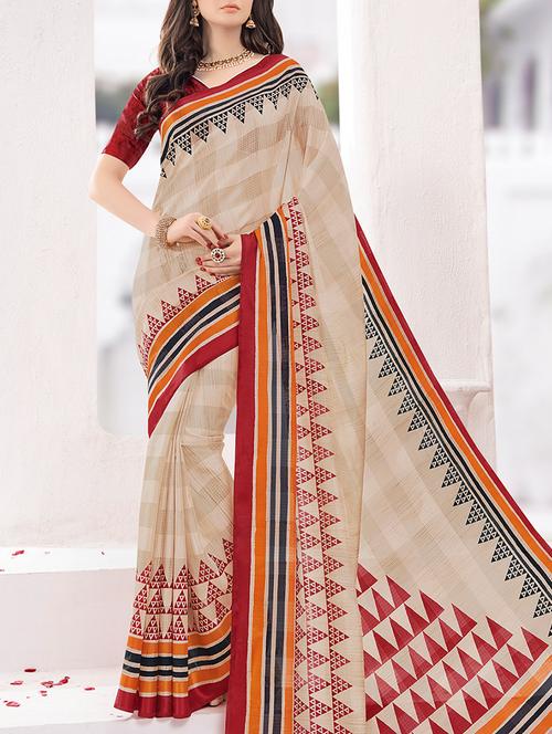 cream cotton blend printed saree with blouse - 13555187 - Very Small Image - 1