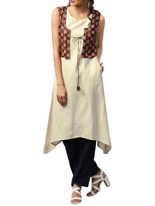 cream cotton asymmetric kurta - 13556078 - Very Small Image - 1