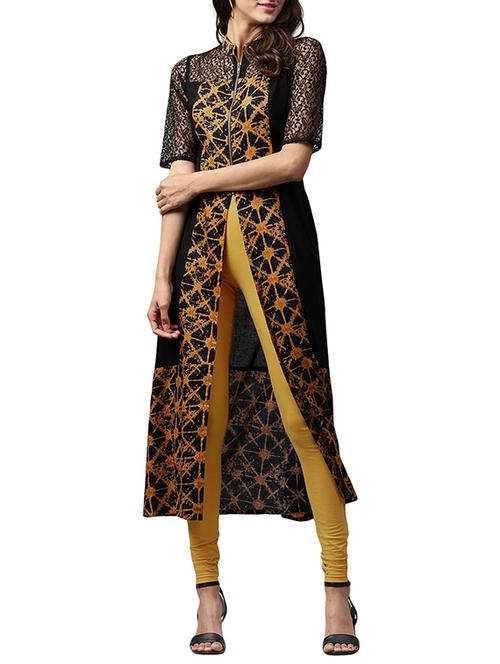 black cotton high slit kurta - 13556106 - Very Small Image - 1