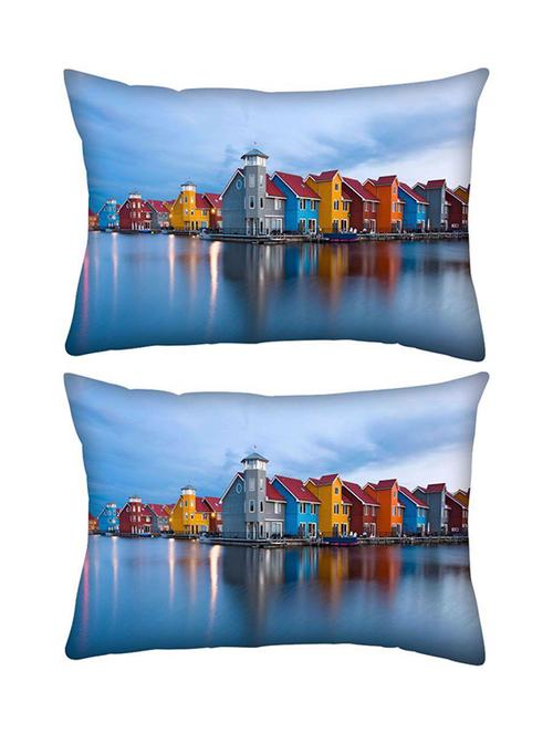 snoogg pack of two colorful houses by the lake world rectangle toss throw pillow cushion cover decoarative pillow case 14 x 07" - 13573527 - Very Small Image - 1