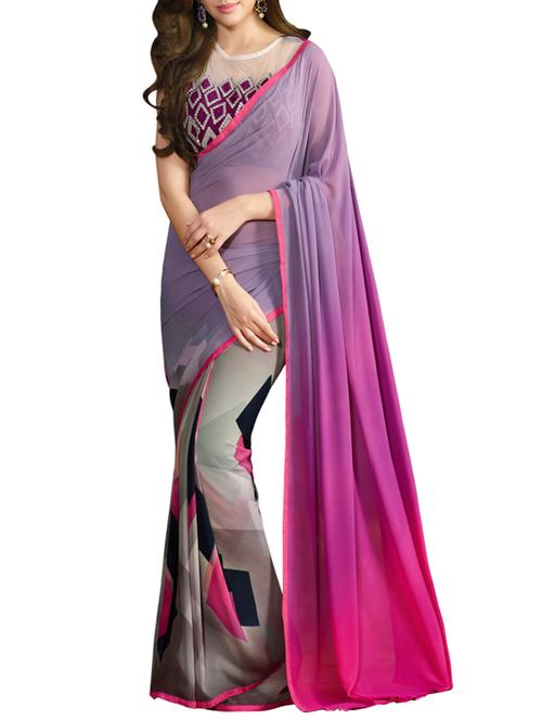 purple georgette printed saree with blouse - 13577765 - Very Small Image - 1