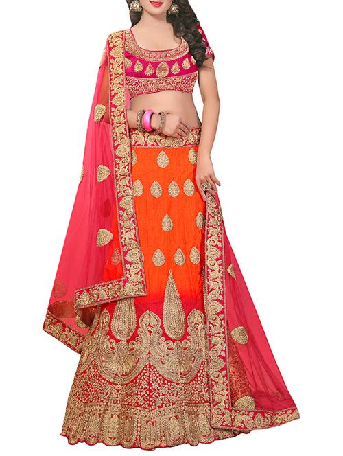 orange red silk embroidered flared lehenga - 13599941 - Very Small Image - 1