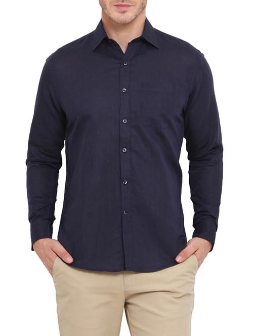 solid navy blue cotton casual shirt - 13648890 - Very Small Image - 1