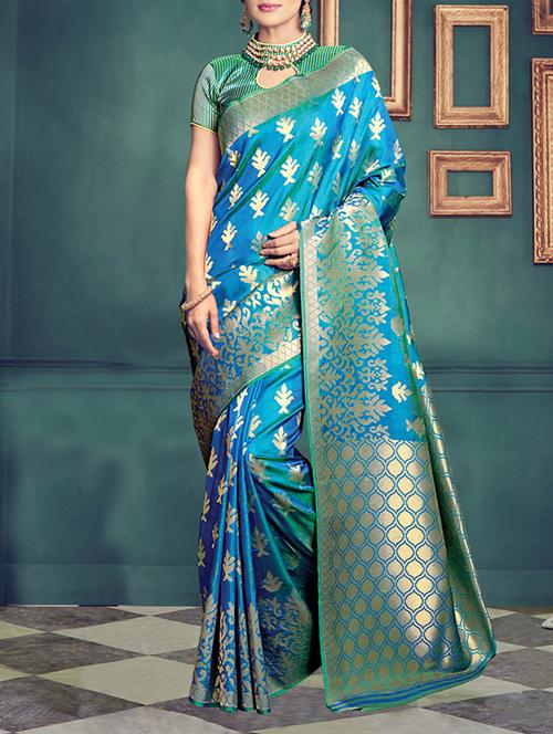 blue silk blend banarasi saree with blouse - 13650000 - Very Small Image - 1
