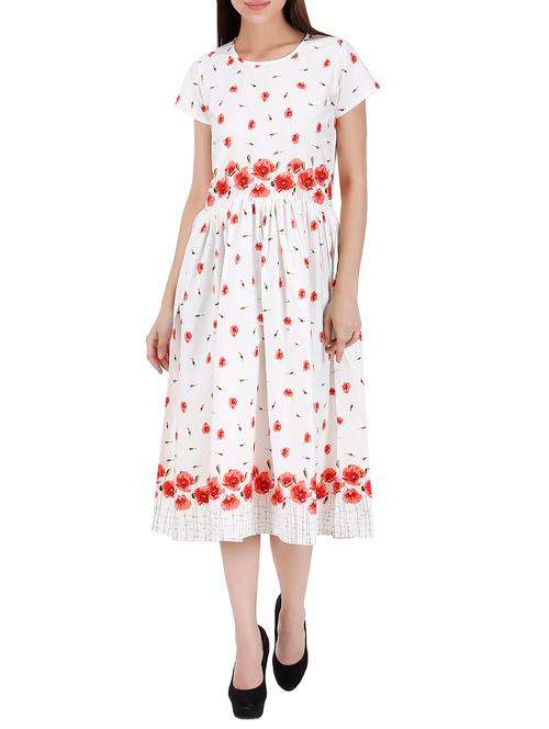 white floral printed cotton fit & flare dress - 13651492 - Very Small Image - 1