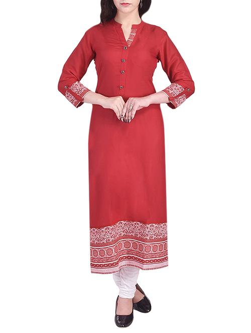 red cotton printed long kurta - 13651753 - Very Small Image - 1
