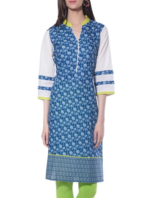 blue cotton printed straight kurta - 13653697 - Very Small Image - 1