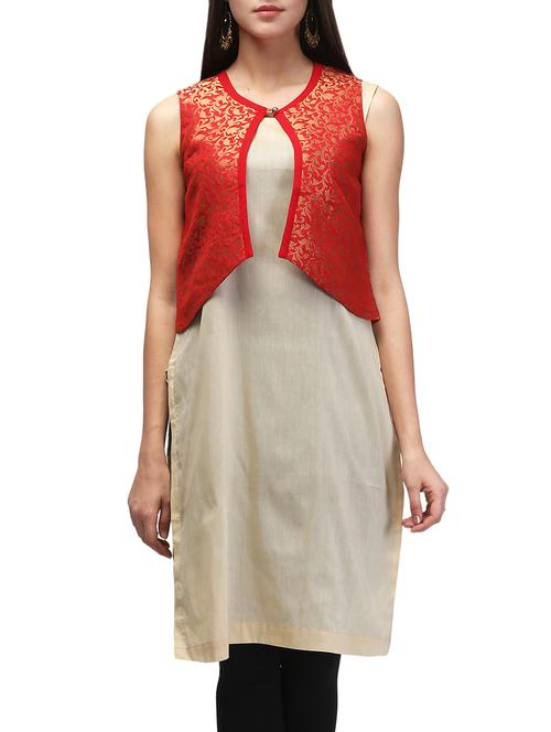 beige rayon straight kurta with brocade jacket - 13653828 - Very Small Image - 1