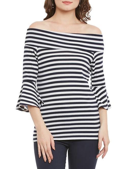 navy blue striped spandex off shoulder top - 13657103 - Very Small Image - 1