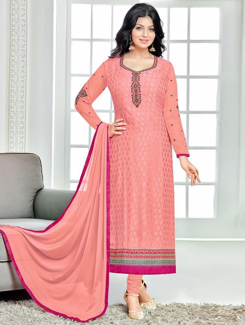 peach georgette embroidered dress material - 13661204 - Very Small Image - 1