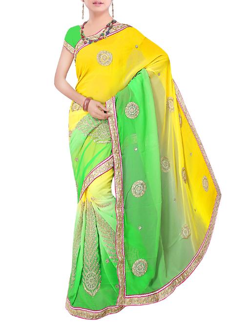 yellow & green georgette embroidered saree with blouse - 13661343 - Very Small Image - 1