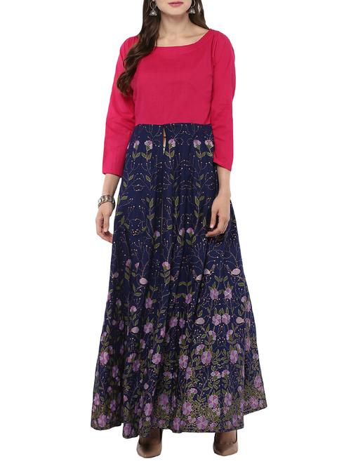 blue & pink cotton printed high slit kurta - 13664897 - Very Small Image - 1