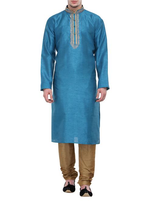 blue silk blend kurta pyjama set - 13665658 - Very Small Image - 1