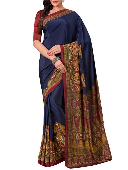 blue crepe printed saree with blouse - 13665918 - Very Small Image - 1