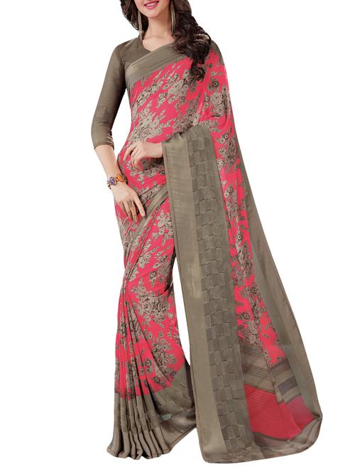 pink georgette floral printed saree with blouse - 13665949 - Very Small Image - 1
