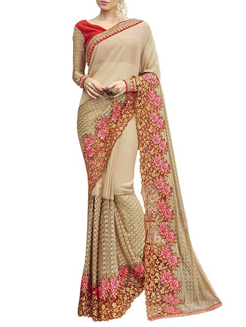 beige faux georgette embroidered saree with blouse - 13667196 - Very Small Image - 1