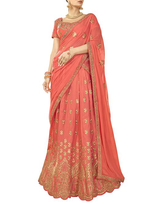 orange art silk panelled unstitched lehenga - 13667398 - Very Small Image - 1