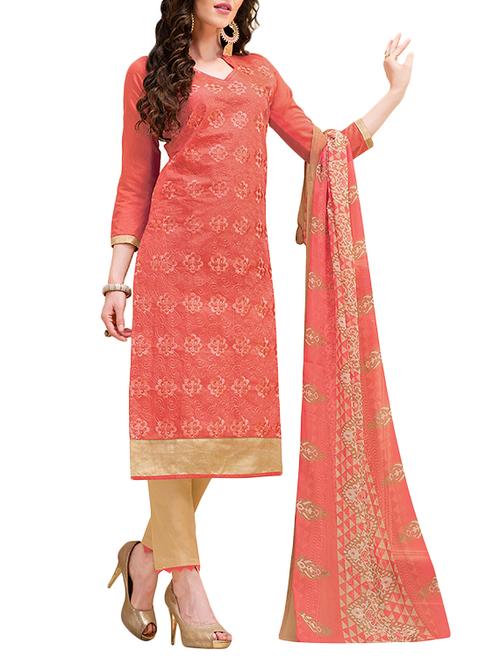red chanderi cotton embroidered straight dress material - 13667441 - Very Small Image - 1