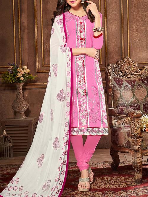 pink cotton embroidered churidaar suit dress material - 13667451 - Very Small Image - 1