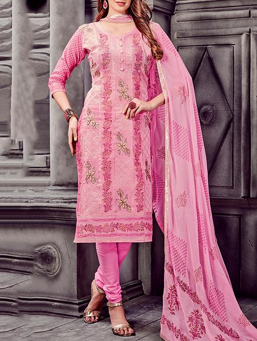 pink cotton unstitched suit - 13668138 - Very Small Image - 1