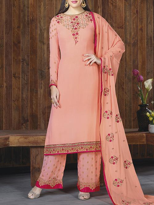 peach georgette unstitched suit - 13668188 - Very Small Image - 1