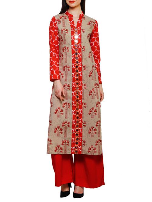 biege cotton printed long kurta - 13668260 - Very Small Image - 1