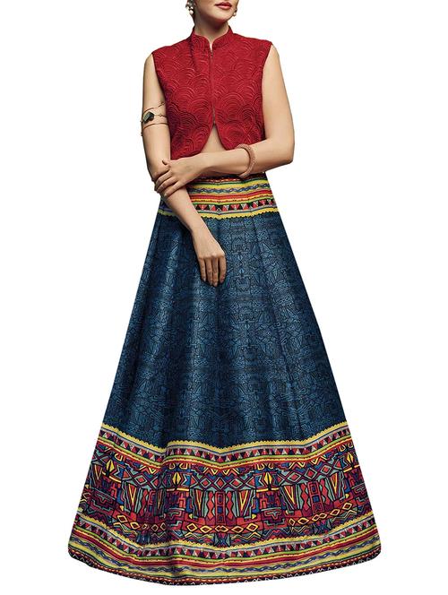 blue silk flared lehenga - 13668727 - Very Small Image - 1