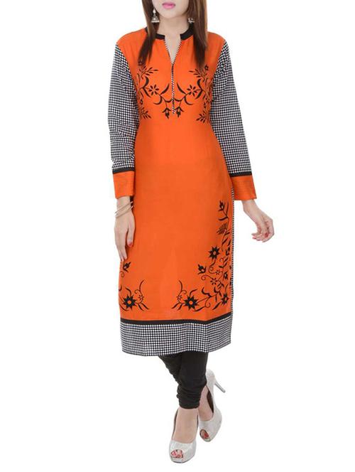 orange cotton printed long kurta - 13669510 - Very Small Image - 1