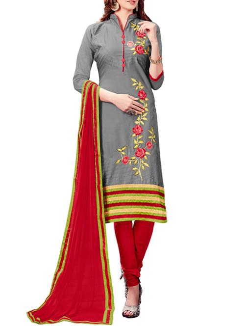 grey cotton embroidered churidaar suit dress material - 13669573 - Very Small Image - 1