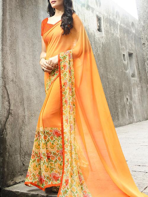 women's floral orange colored saree - 13669868 - Very Small Image - 1